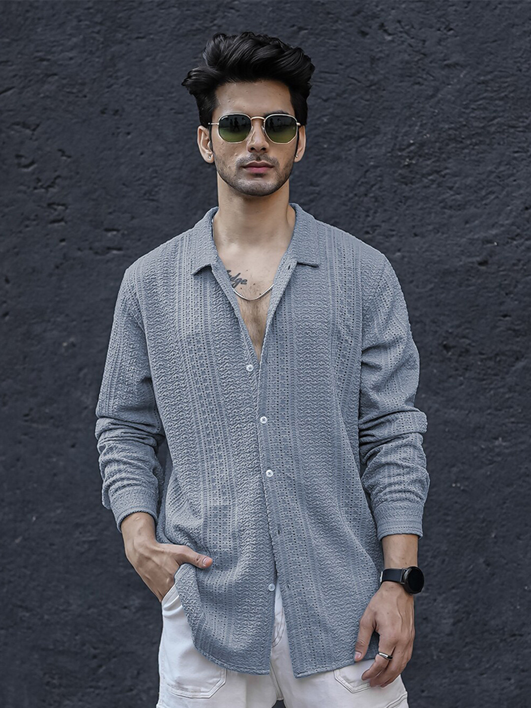 

Powerlook India Slim Self Design Casual Crochet Shirt, Grey