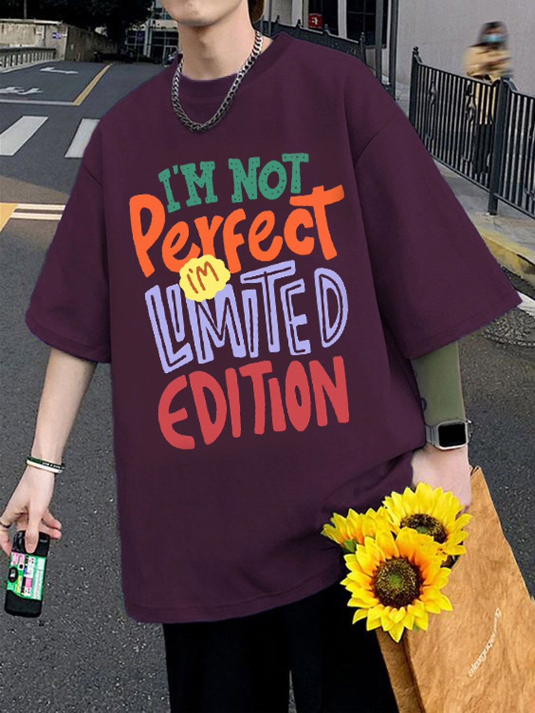 

CHKOKKO Typography Printed Round Neck Short Sleeves Oversized T-shirt, Violet