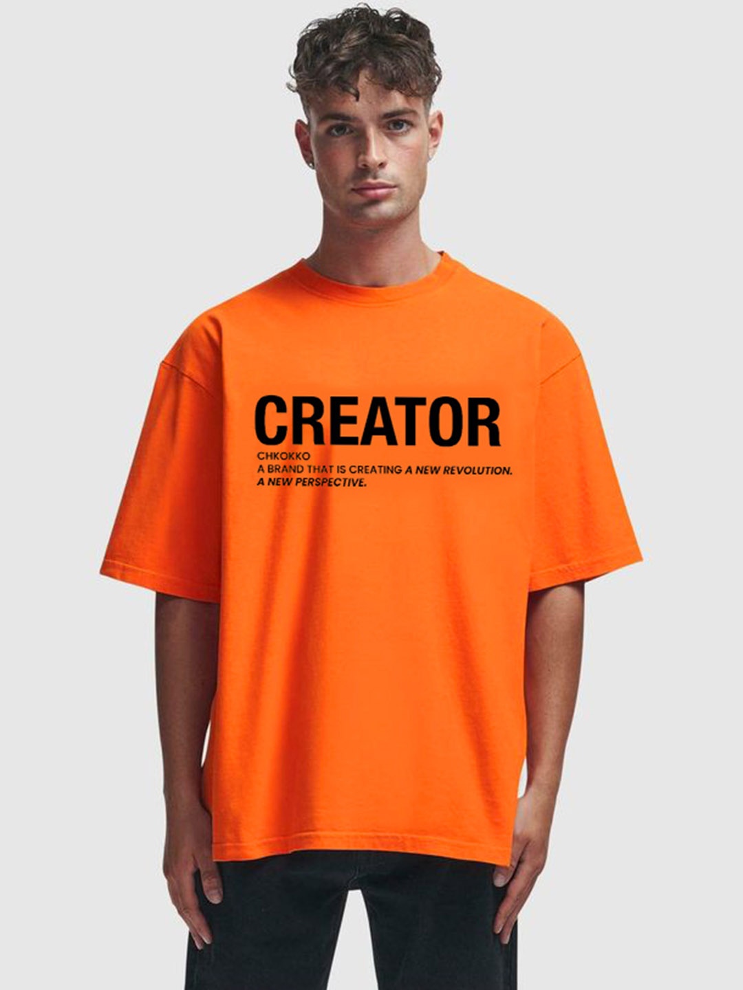 

CHKOKKO Typography Printed Round Neck Short Sleeves Oversized T-shirt, Orange