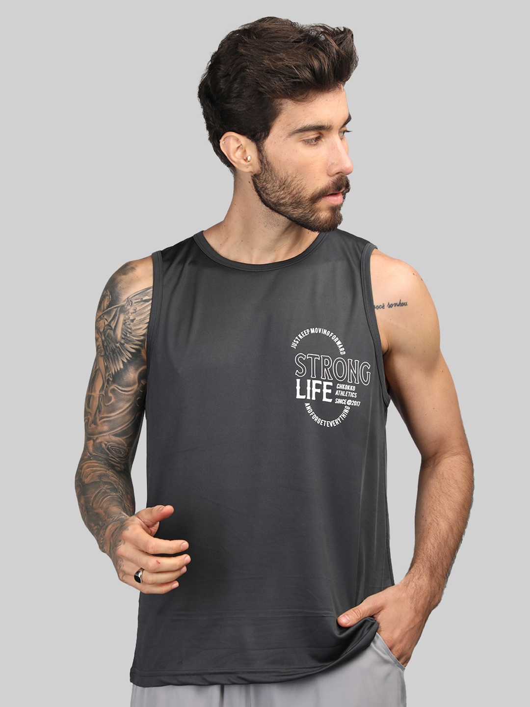 

CHKOKKO Typography Printed Gym Vest, Grey