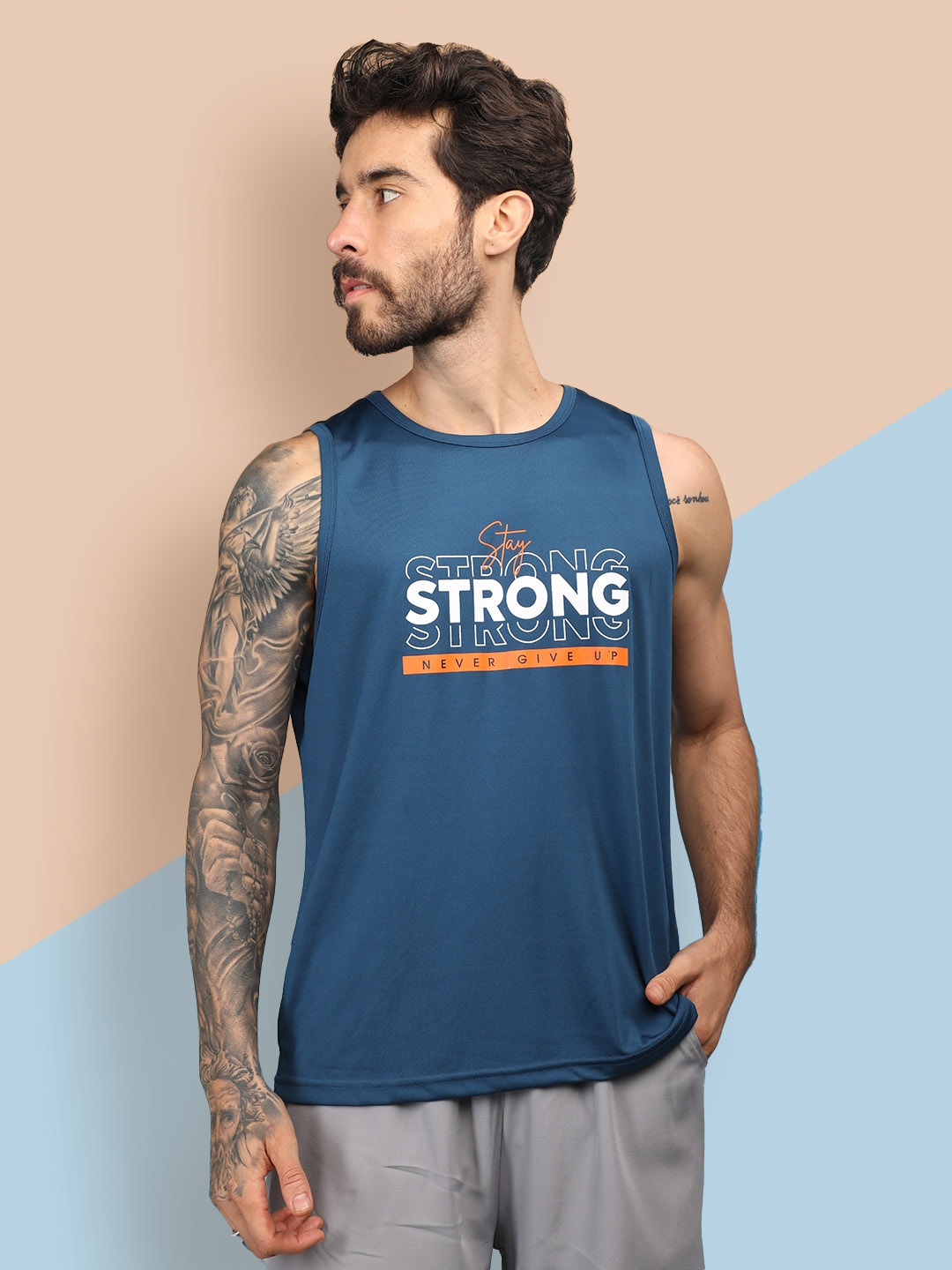 

CHKOKKO Typography Printed Sleeveless Gym Tank Innerwear Vests, Blue