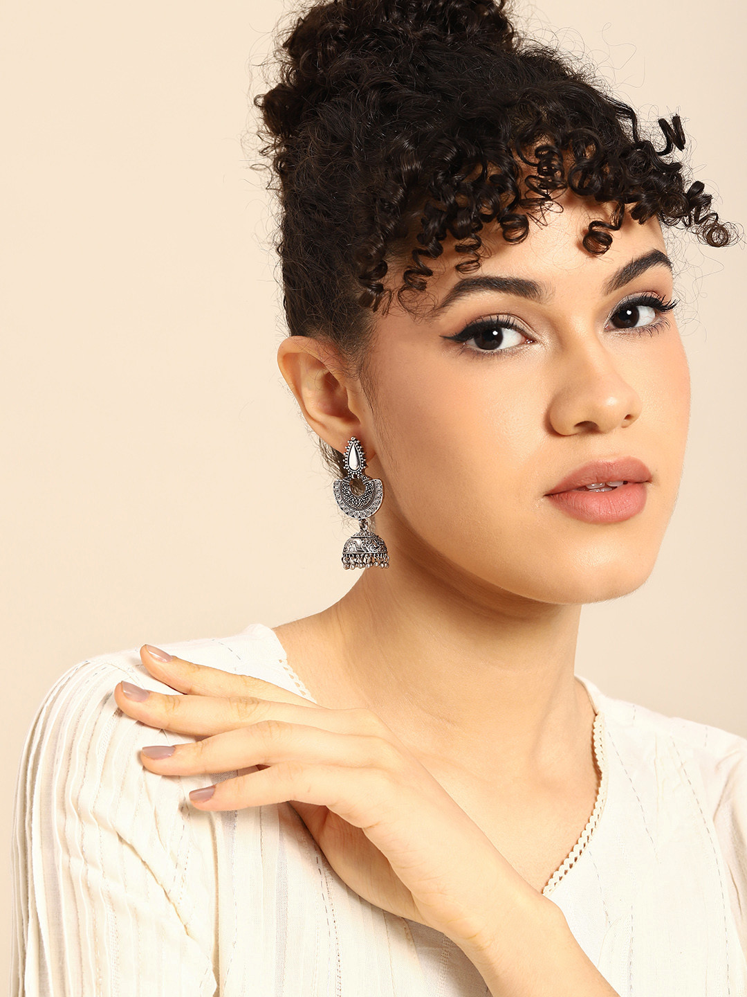 

Anouk Women Silver-Plated Dome Shaped Jhumkas Earrings