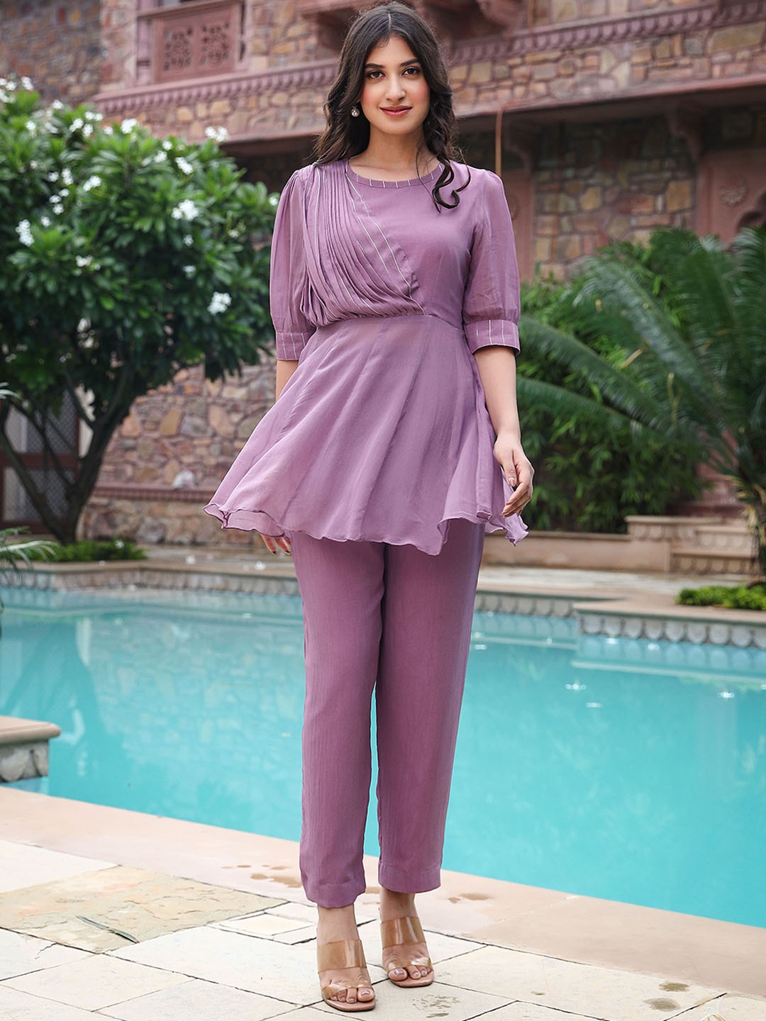 

Lirose Georgette Tunic With Trousers Co-Ords, Purple