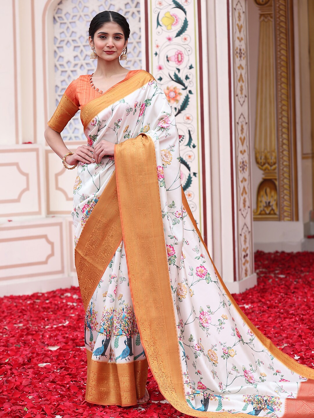 

JUST FASHION Floral Printed Zari Banarasi Saree, White