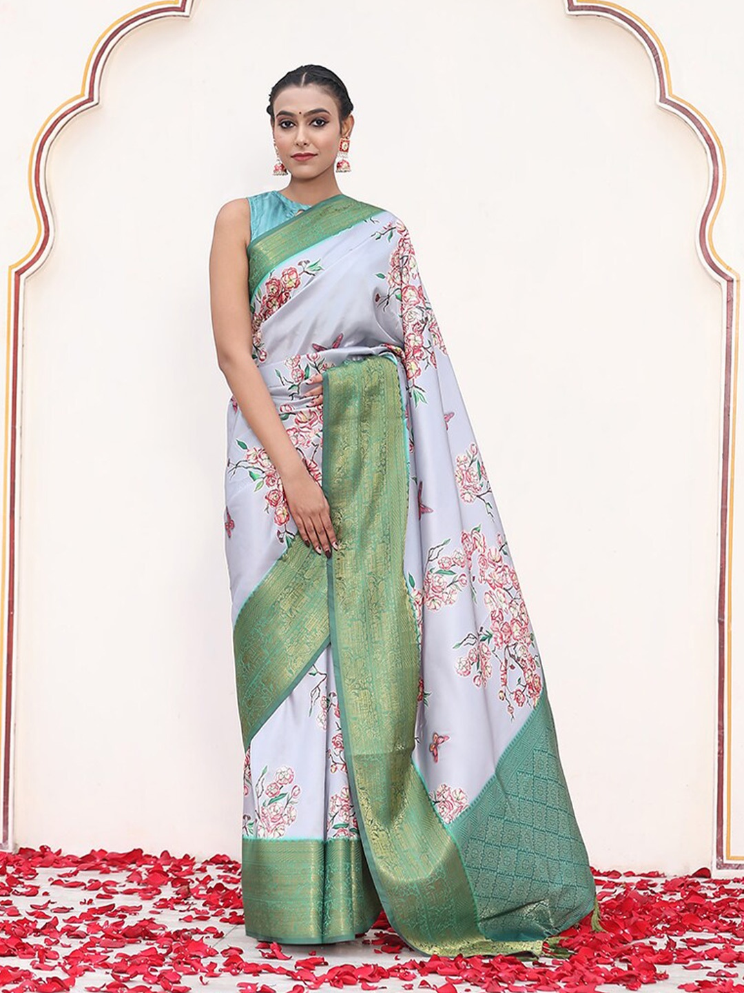 

JUST FASHION Floral Printed Zari Banarasi Saree, Grey