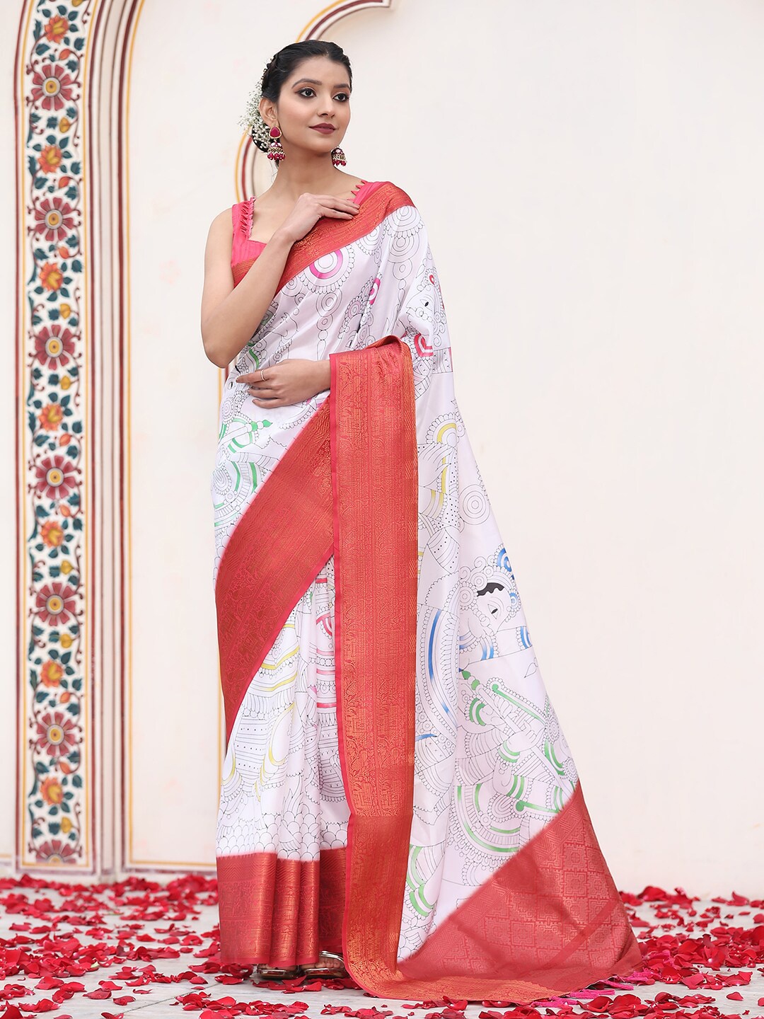 

JUST FASHION Ethnic Motifs Printed Zari Banarasi Saree, Red