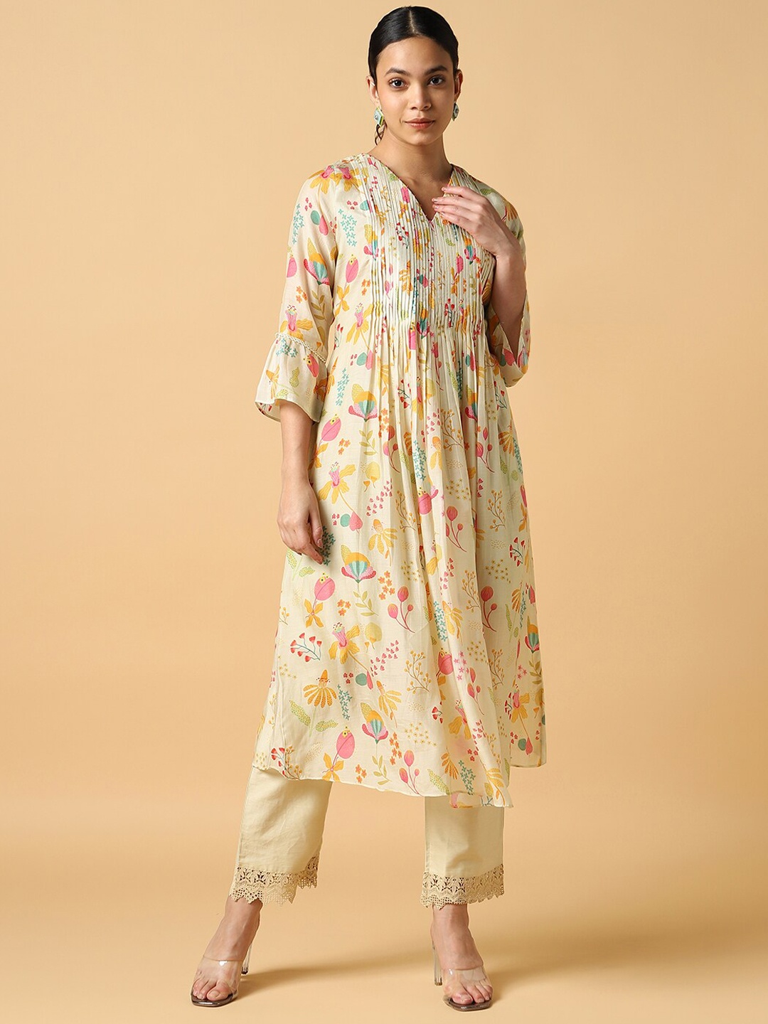 

House Of Dharaa Floral Printed V-Neck Pleated A-Line Kurta with Trousers, Cream