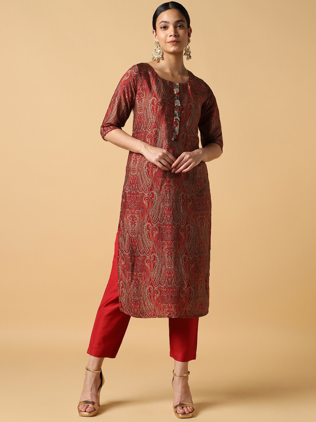 

House Of Dharaa Paisley Printed Straight Pure Silk Kurta with Trousers, Maroon