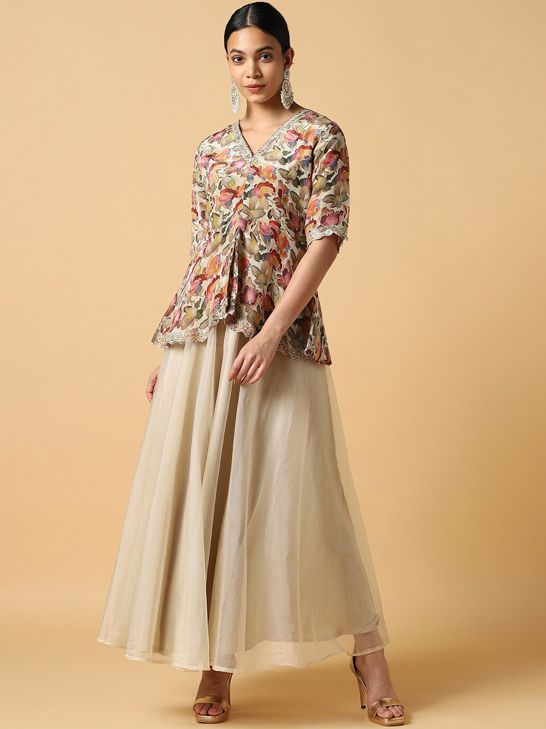 

House Of Dharaa Printed Top With Flared Palazzos Co-Ords, Cream
