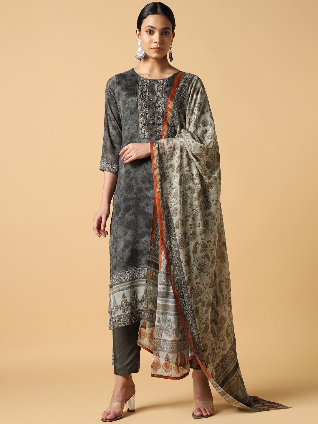 

House Of Dharaa Floral Printed Straight Kurta with Trousers & Dupatta, Black