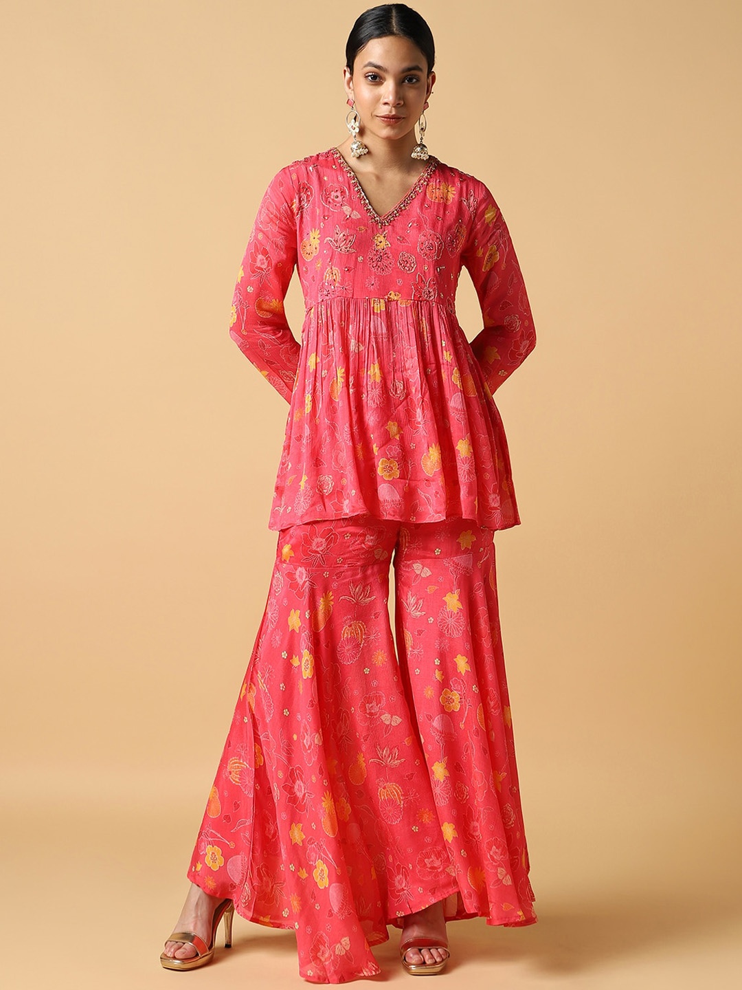 

House Of Dharaa Floral Printed V-Neck Pleated Kurti with Sharara, Pink