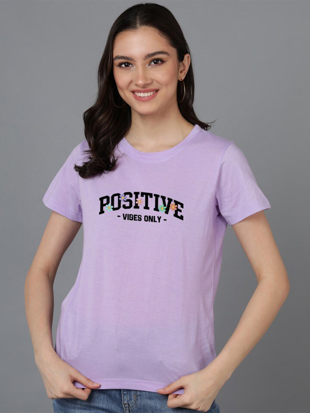 Adyavastram Typography Printed Round Neck Short Sleeves Cotton Regular T-shirt, Lavender