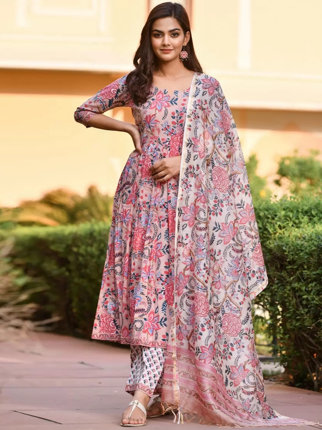 

KALINI Floral Printed Straight Anarkali Kurta & Trousers With Dupatta, Pink