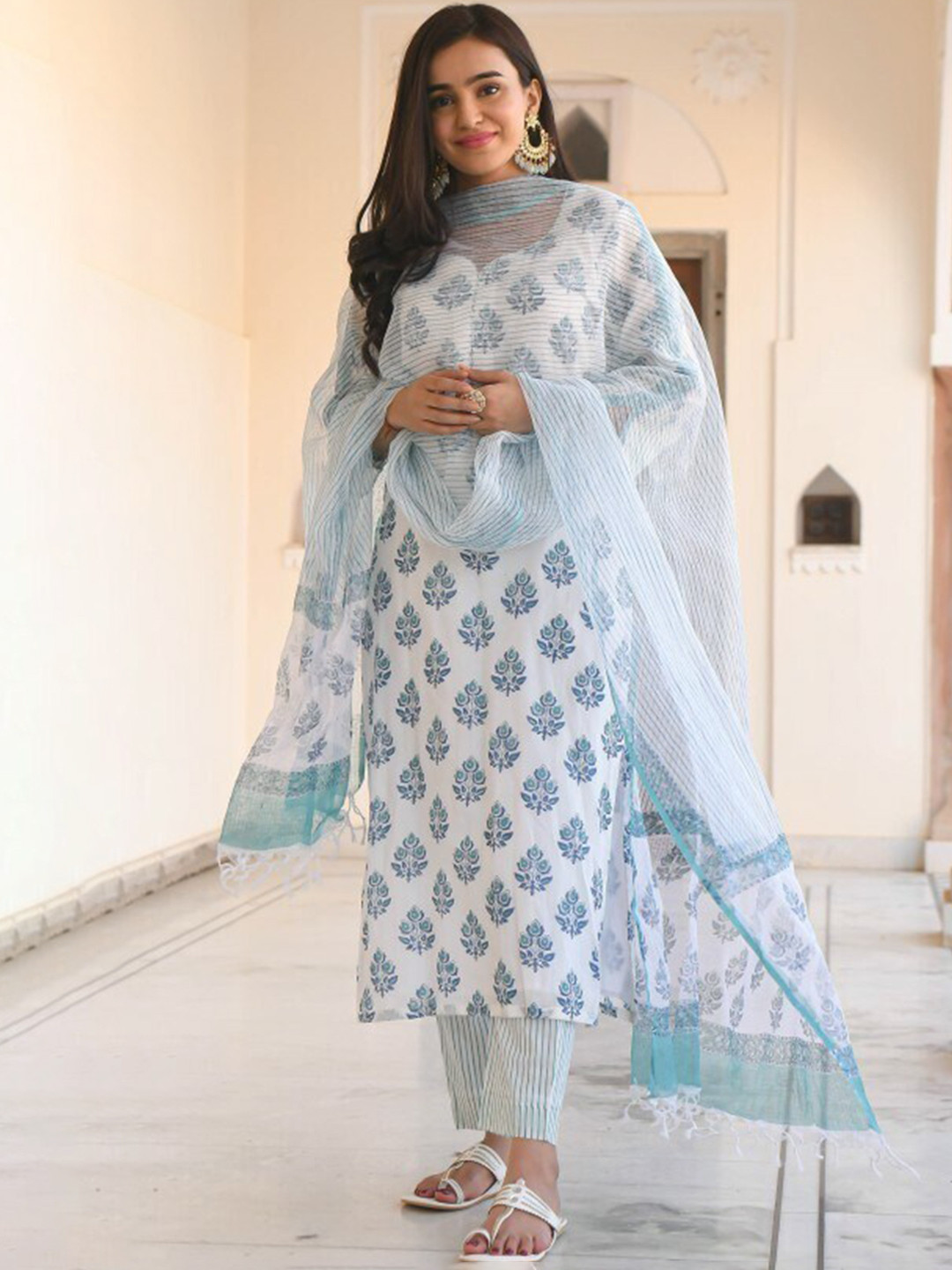 

KALINI Floral Printed Regular Kurta With Trousers & Dupatta, Blue