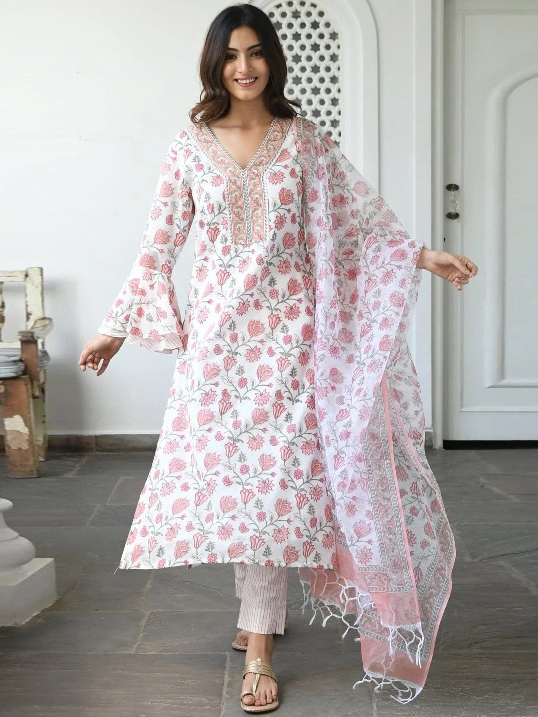 

KALINI Floral Printed Regular Kurta With Trousers & Dupatta, White