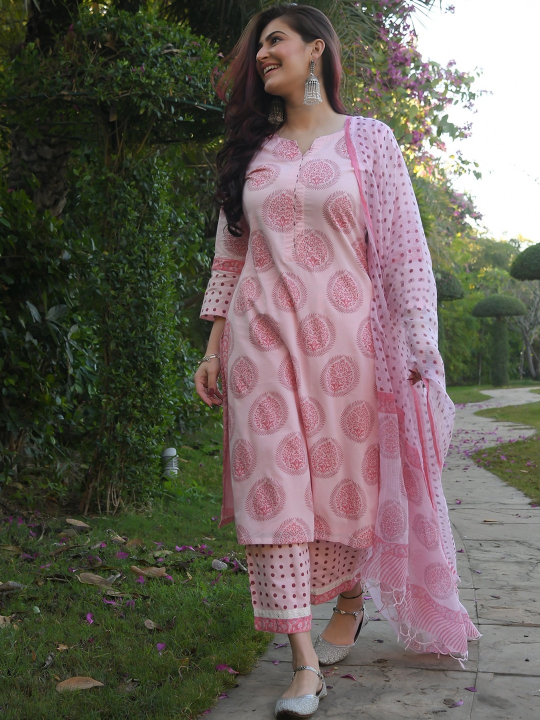 

KALINI Floral Printed Regular Kurta With Trousers & Dupatta, Pink