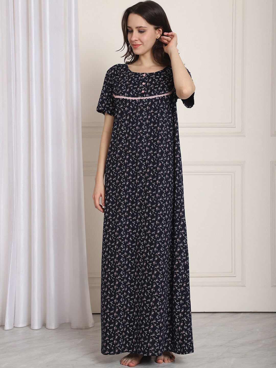 

Kanvin Floral Printed Maxi Nightdress, Navy blue
