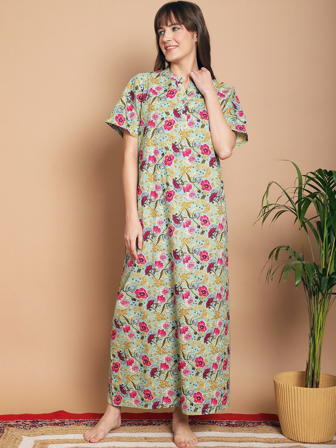 

Kanvin Floral Printed Pure Cotton Maxi Nightdress, Green