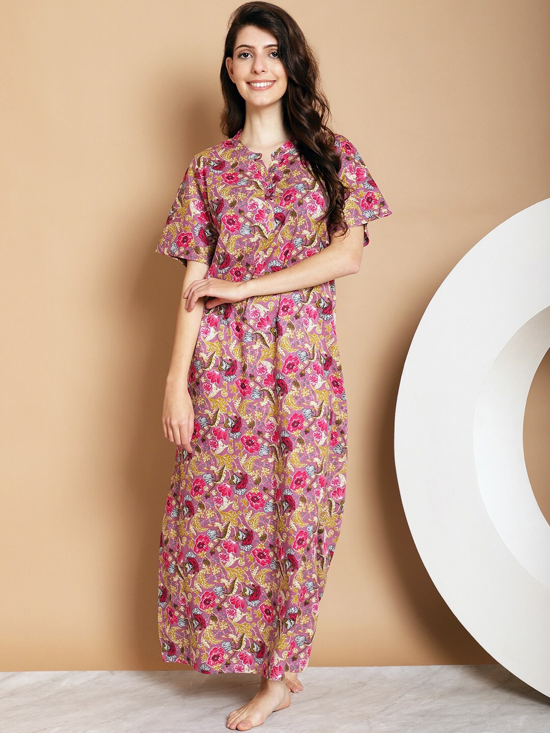 

Kanvin Floral Printed Pure Cotton Maxi Nightdress, Pink