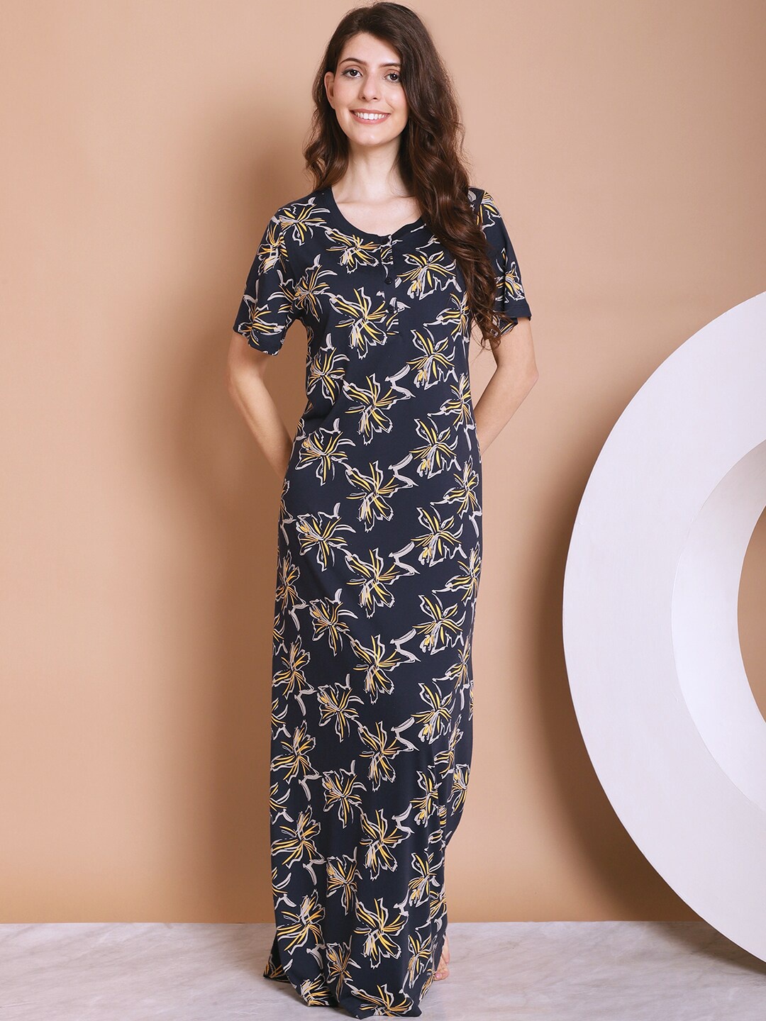 

Kanvin Floral Printed Maxi Nightdress, Navy blue