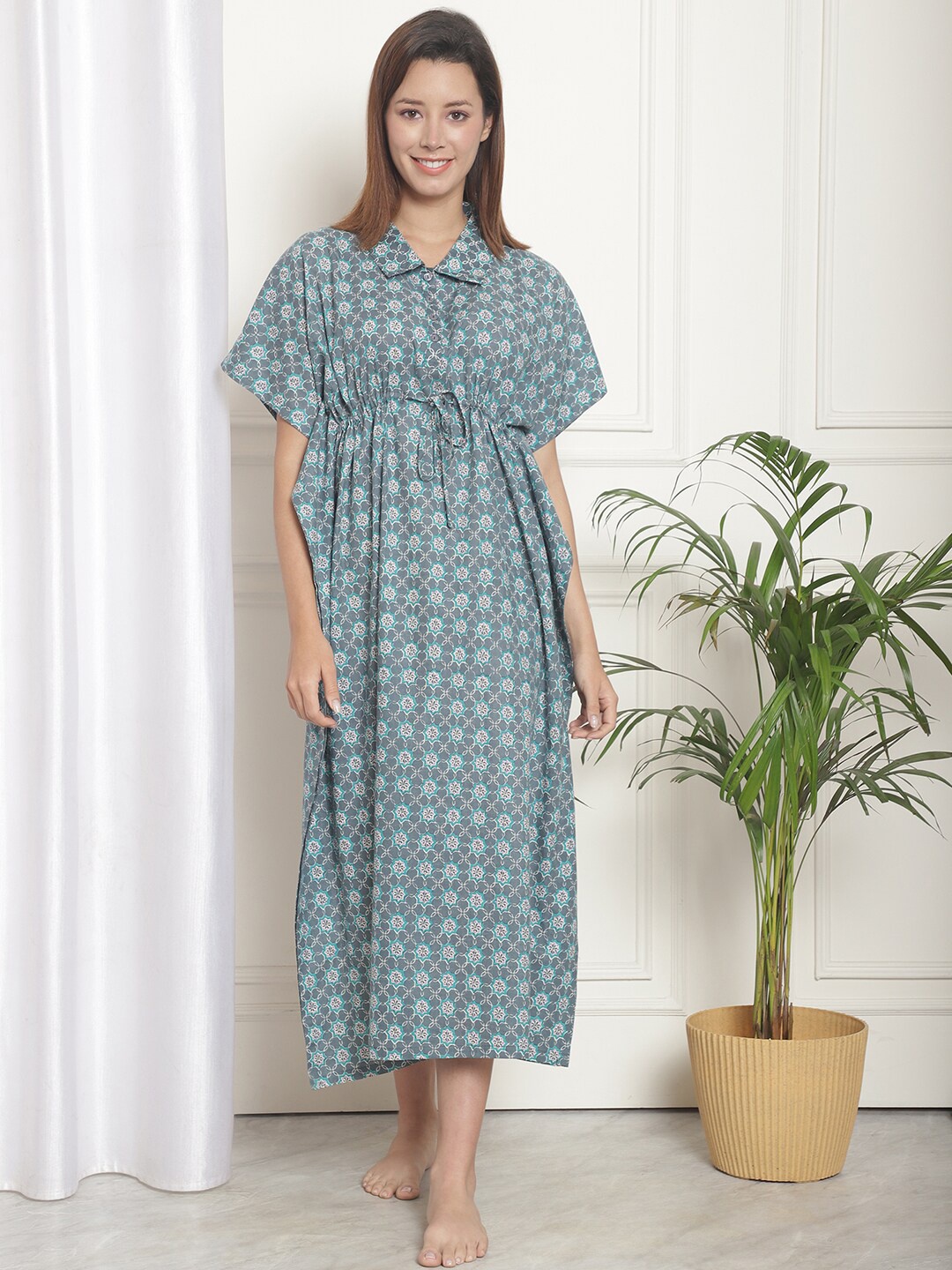 

Kanvin Printed Polo Collar Pure Cotton Midi Kaftan Nightdress, Blue