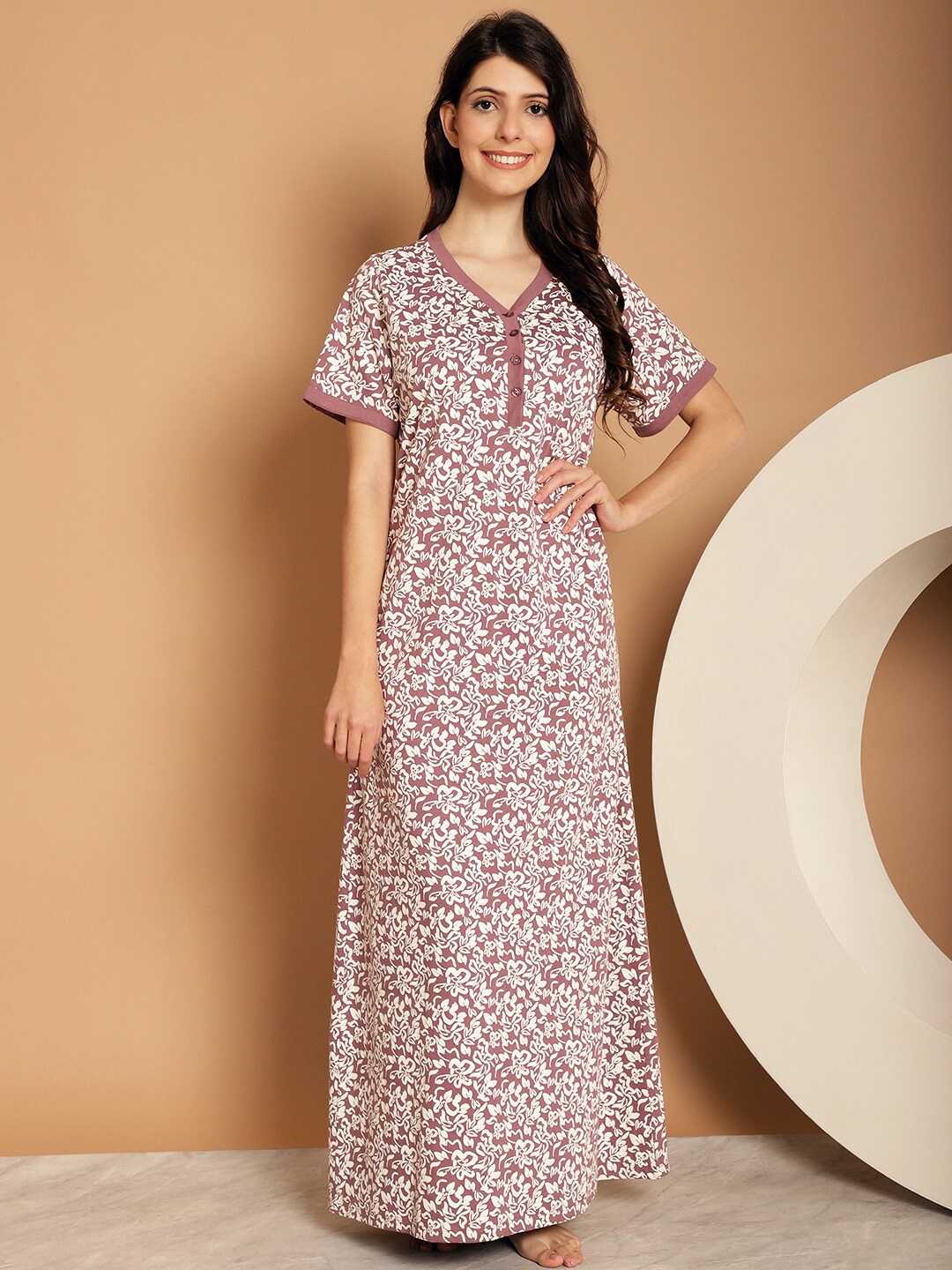 

Kanvin Floral Printed V-Neck Maxi Nightdress, Camel brown