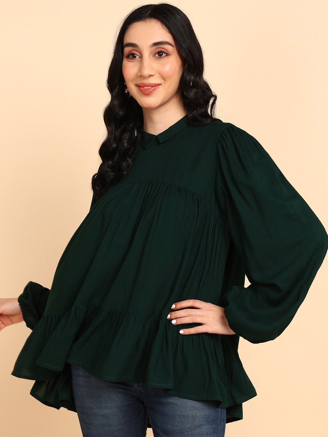 

Adyavastram Shirt Collar Puff Sleeves Gathered Detailed Cotton A-Line Top, Green