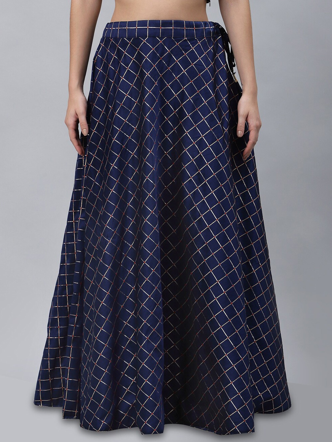 

studio rasa Checked Embellished Flared Maxi Skirt, Navy blue