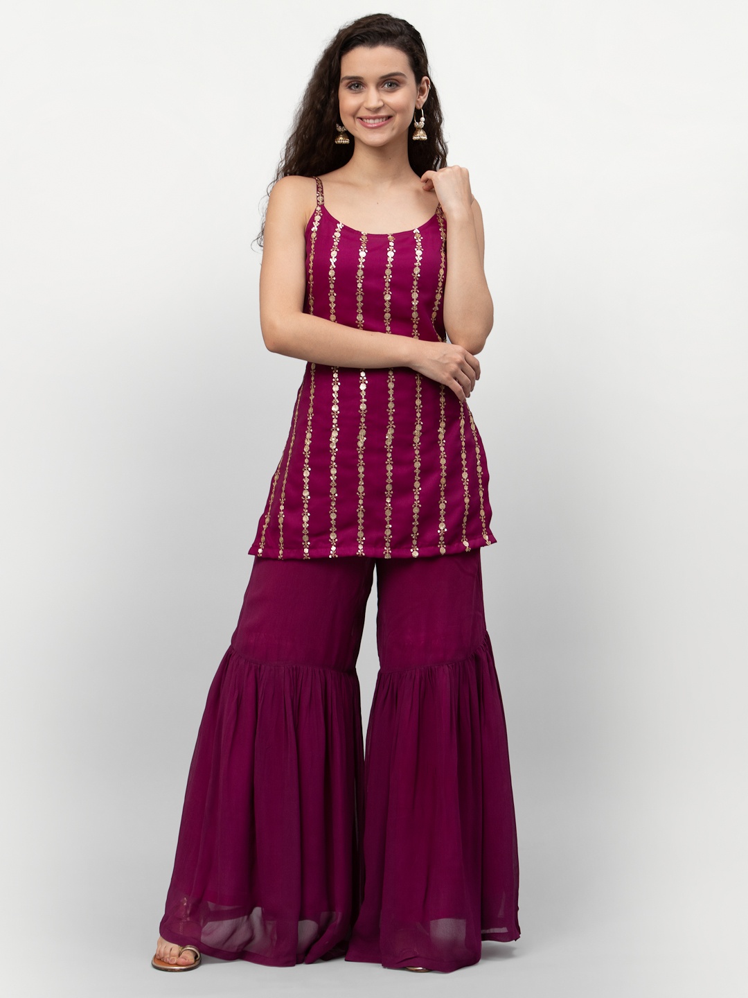 

studio rasa Embroidered Regular Sequinned Georgette Kurta with Sharara, Pink