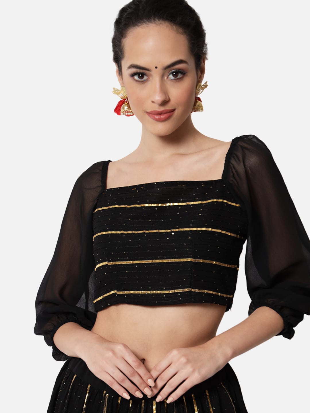 

studio rasa Square Neck Embroidered Georgette Saree Blouse, Black