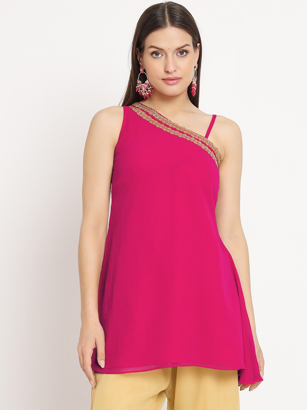 

studio rasa Asymmetric Neck Shoulder Straps Fusion Georgette Kurti, Pink