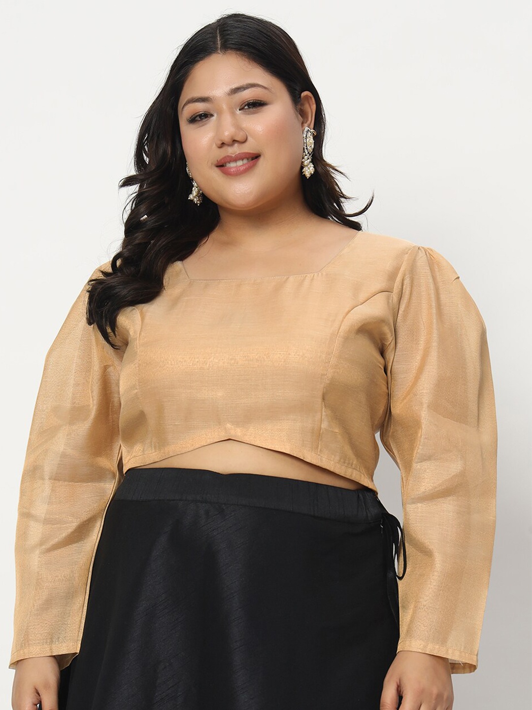 

studio rasa Square Neck Puff Sleeves Crop Top, Gold