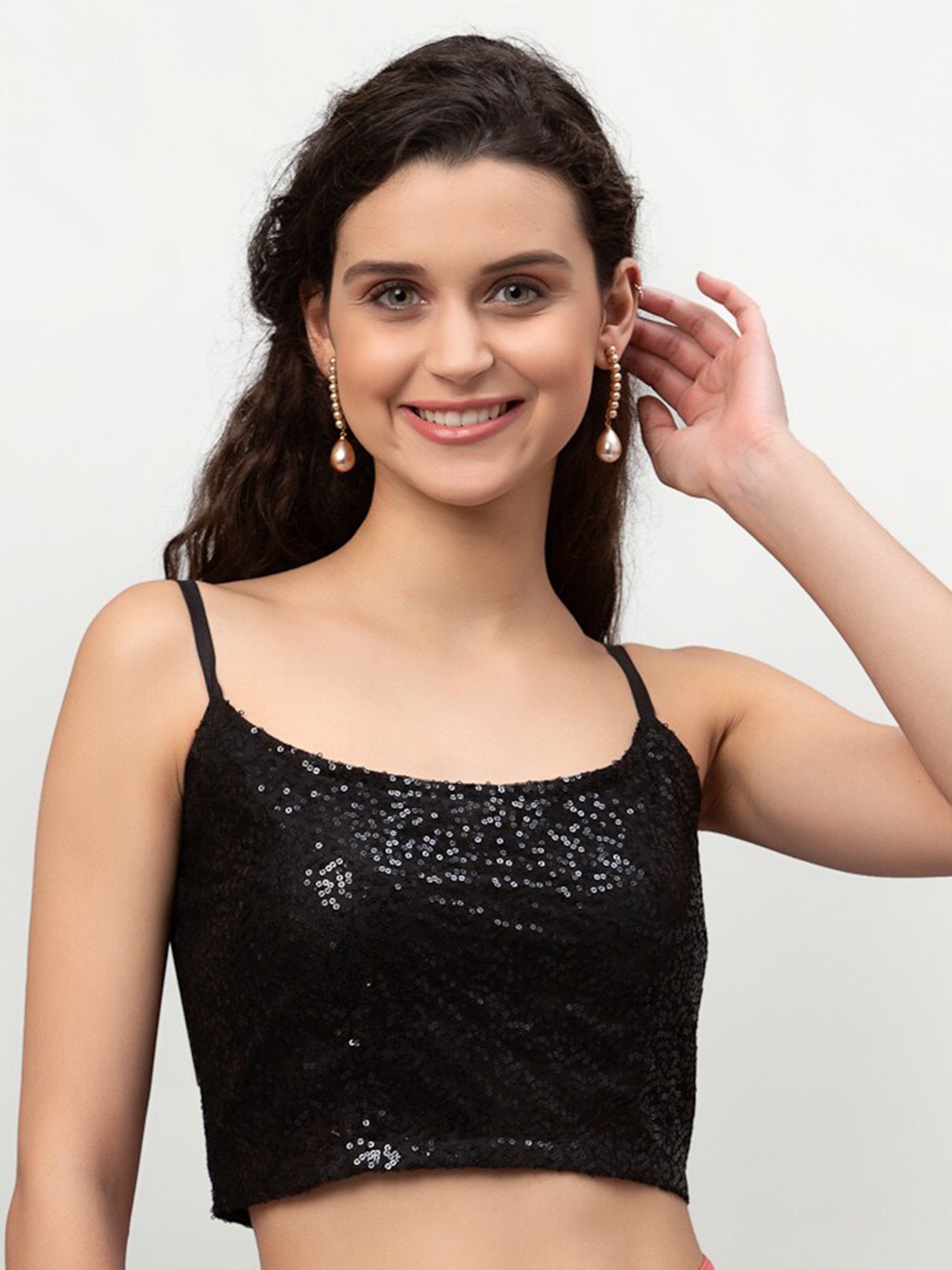

studio rasa Embellished Net Crop Top, Black
