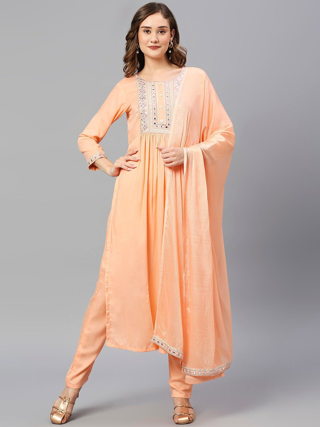 

KALINI Floral Embroidered Pleated Mirror Work Kurta With Trousers & Dupatta, Peach
