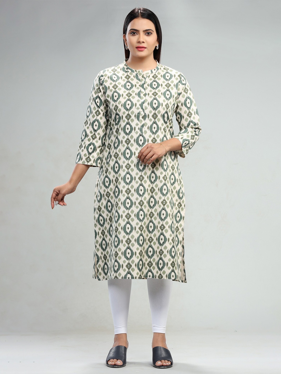 

COTTON CULTURE Abstract Printed Mandarin Collar Cotton Straight Kurta, Cream