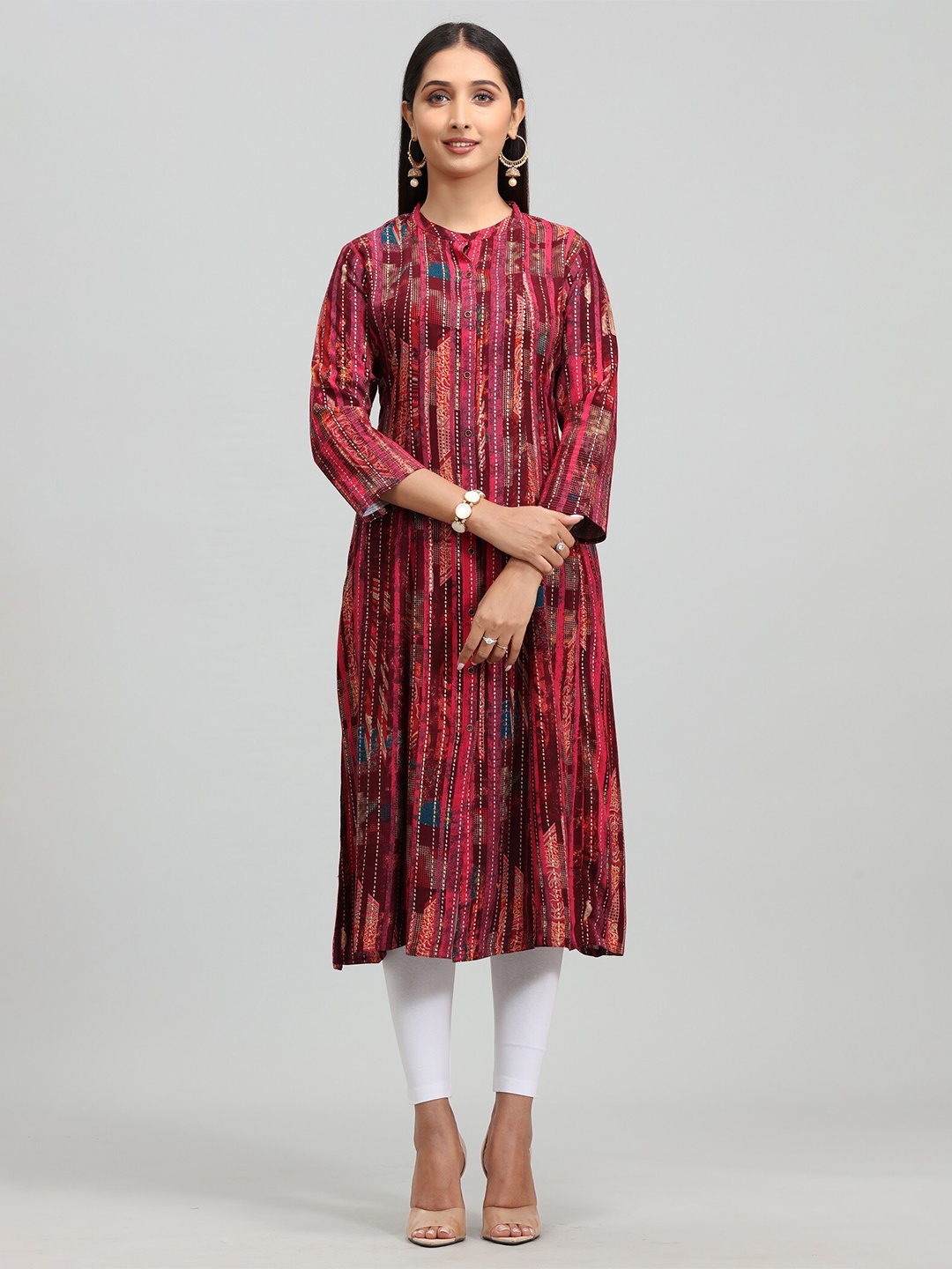 

COTTON CULTURE Striped Printed Mandarin Collar Cotton A-line Kurta, Maroon