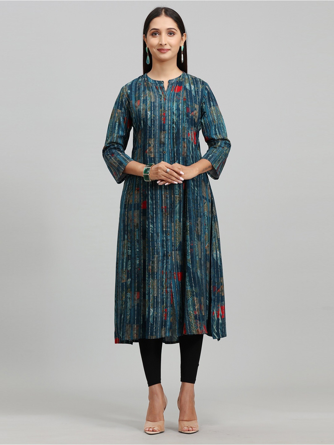 

COTTON CULTURE Straight Printed Mandarin Collar A-line Kurta, Blue