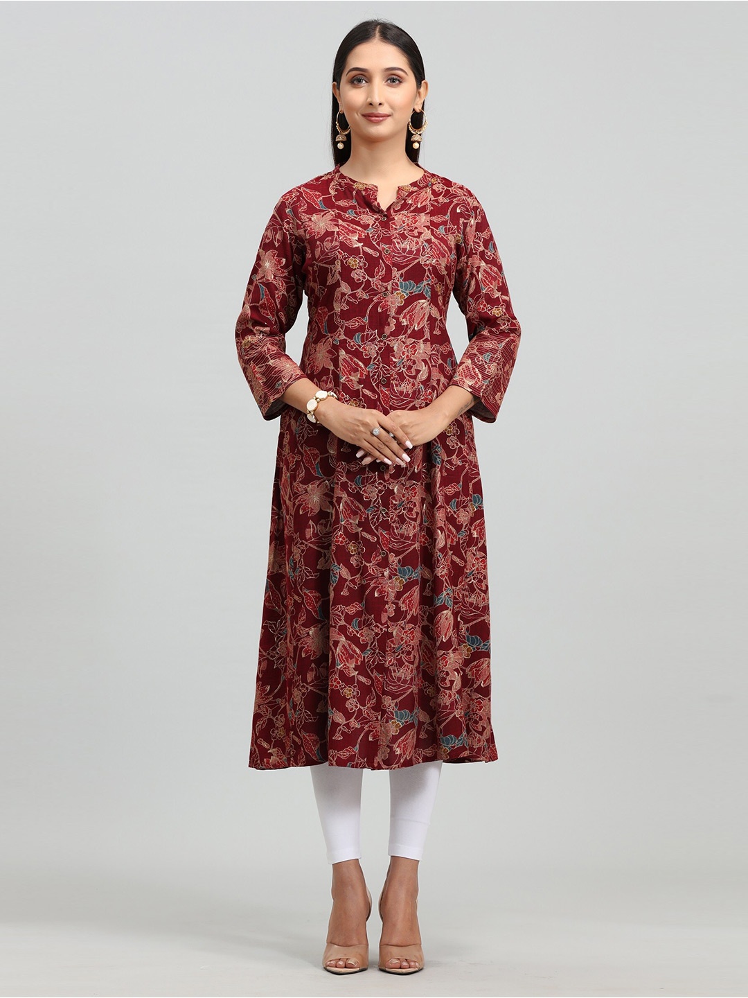 

COTTON CULTURE Floral Printed Mandarin Collar Three-Quarter Sleeves A-Line Kurta, Maroon