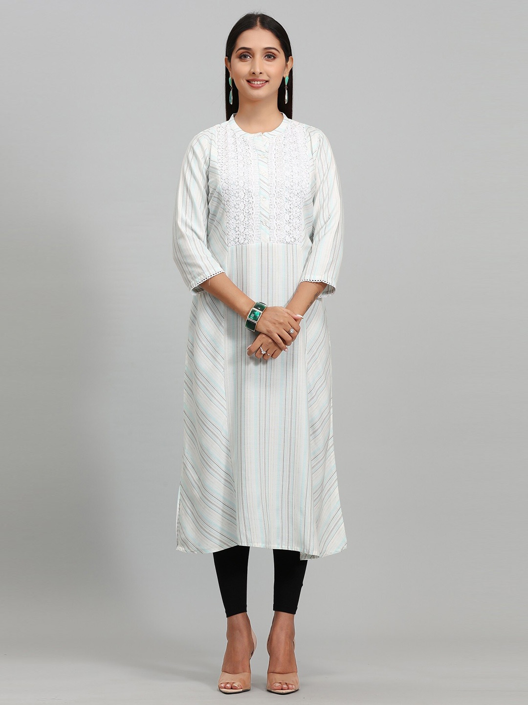 

COTTON CULTURE Embroidered Mandarin Collar Three-Quarter Sleeves Cotton Straight Kurta, Off white