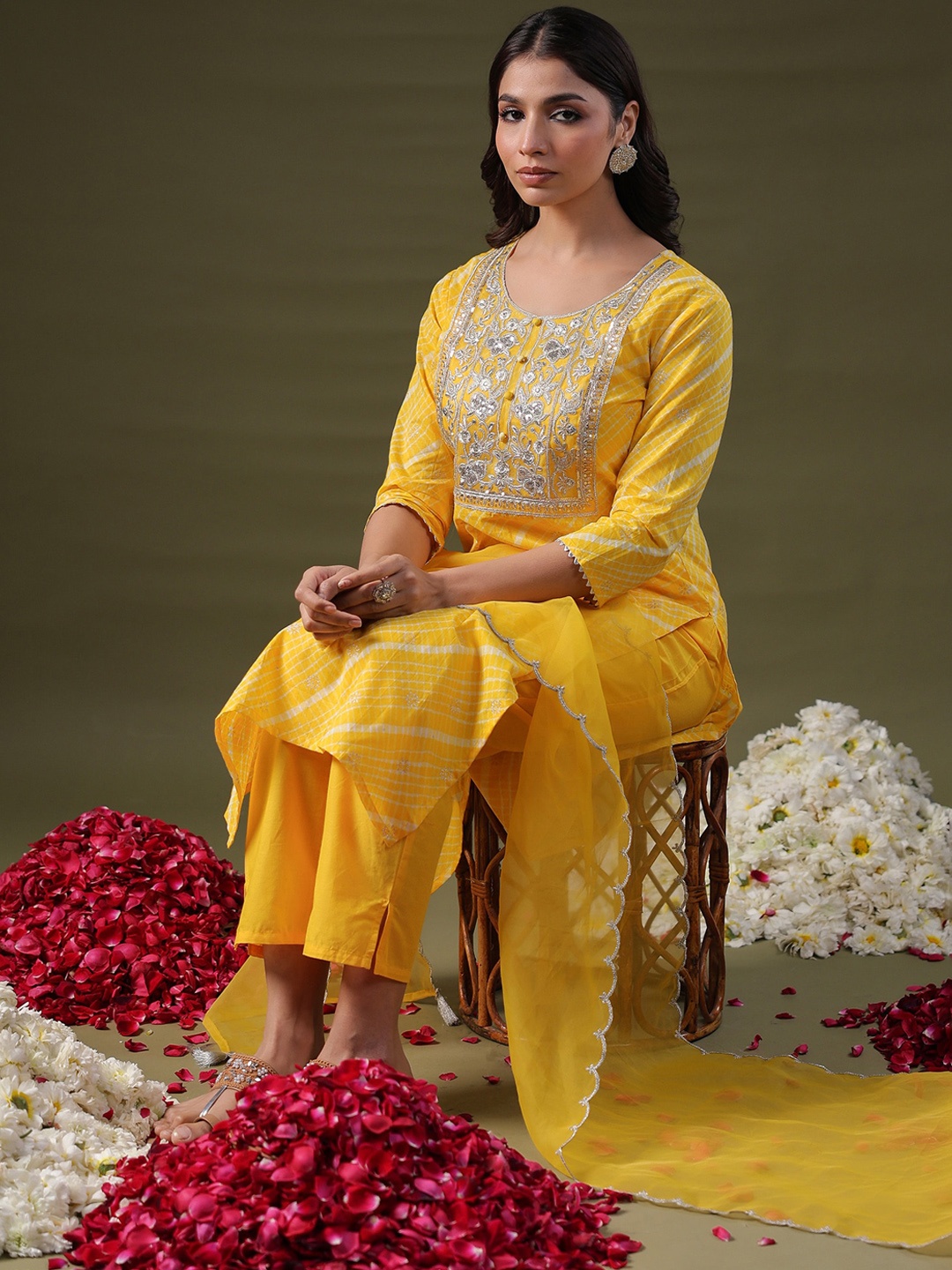 

Indo Era Leheriya Embroidered Regular Sequinned Kurta with Palazzos & Dupatta, Yellow