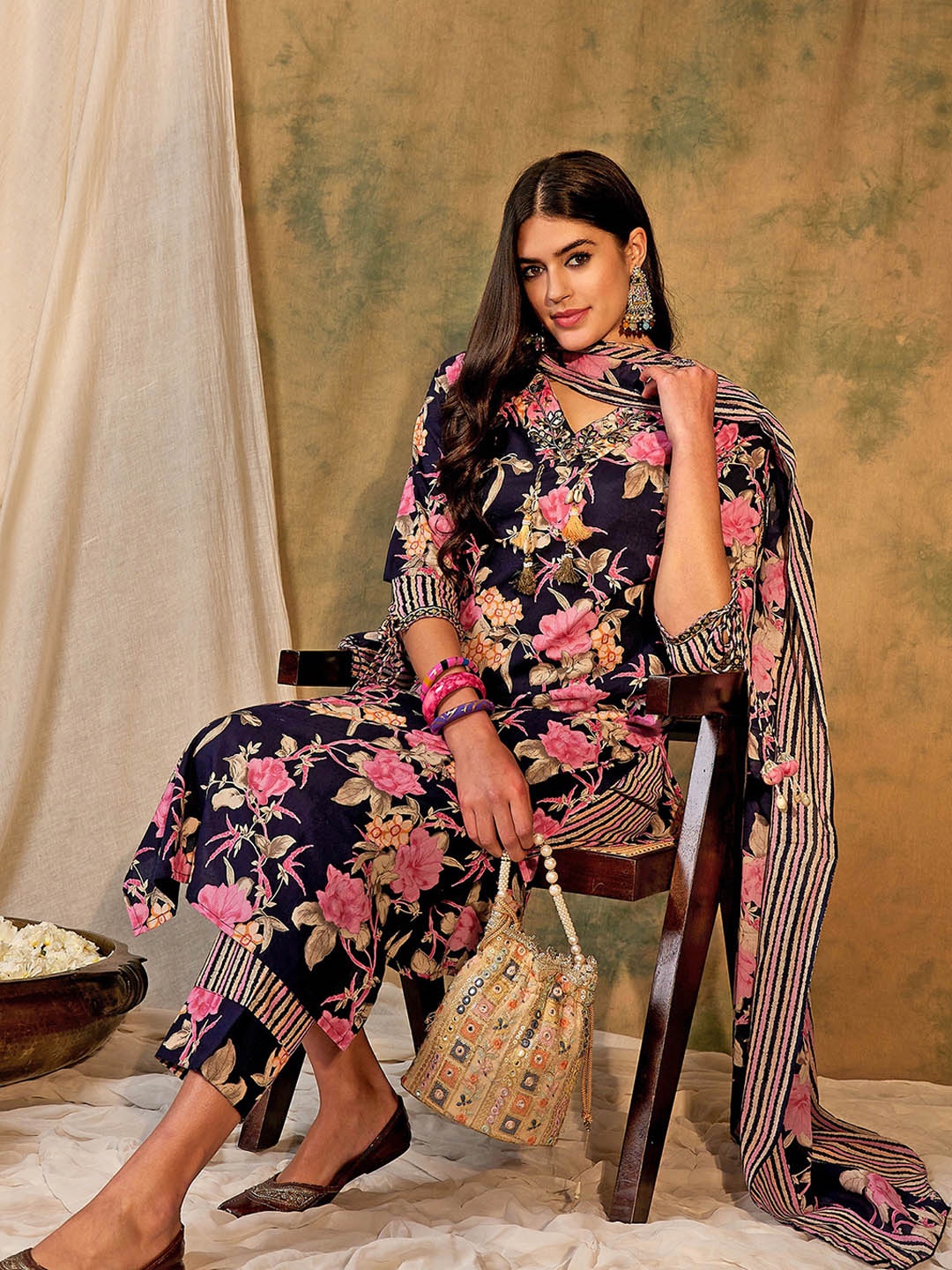 

Indo Era Floral Printed Regular Gotta Patti Pure Cotton Kurta With Trousers & Dupatta, Blue
