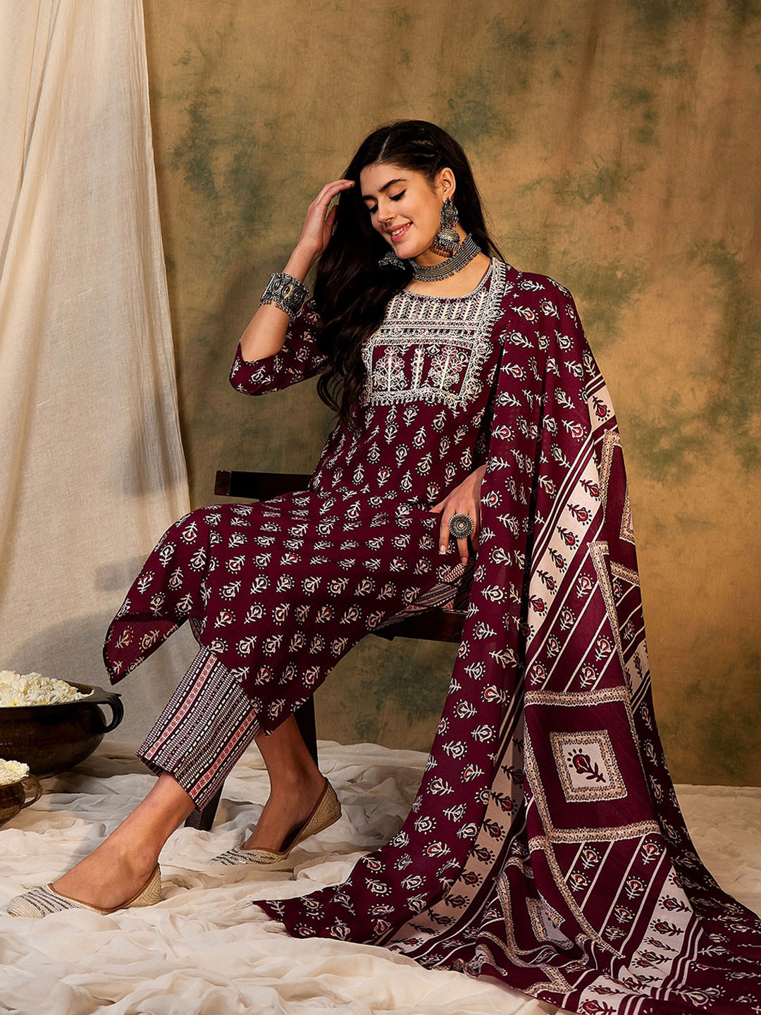 

Indo Era Ethnic Motifs Printed Regular Thread Work Kurta With Trousers & Dupatta, Burgundy
