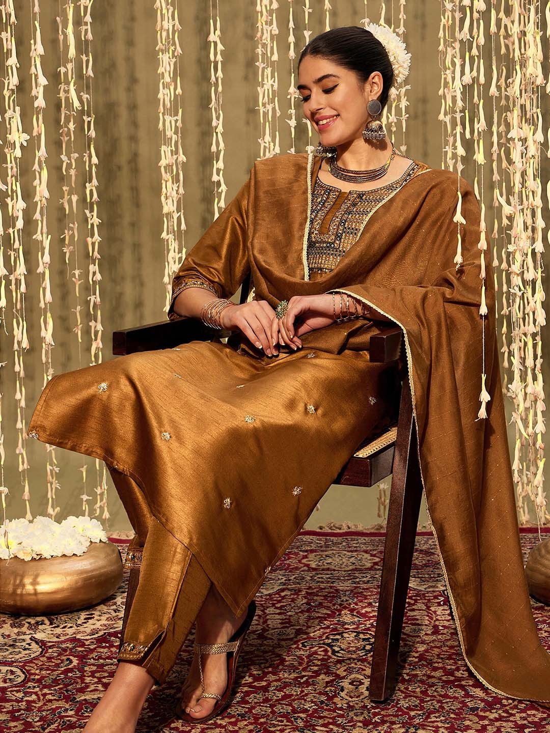 

Indo Era Floral Embroidered Regular Mirror Work Kurta With Trousers & Dupatta, Mustard