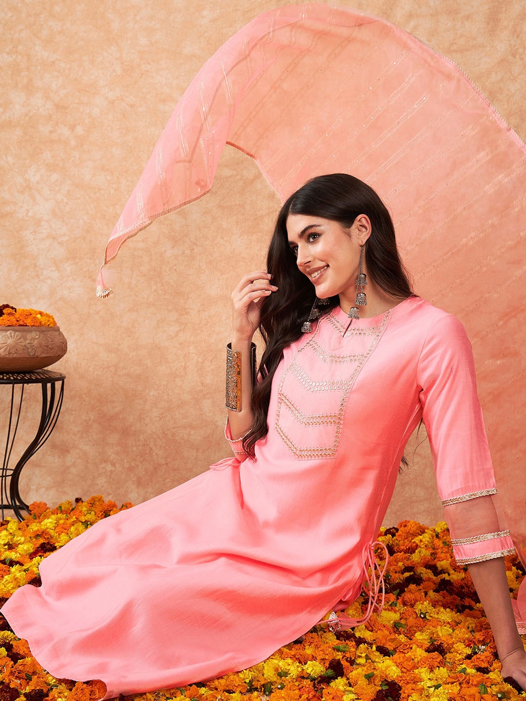 

Indo Era Floral Yoke Design Sequinned Keyhole Neck Straight Kurta With Trousers & Dupatta, Pink