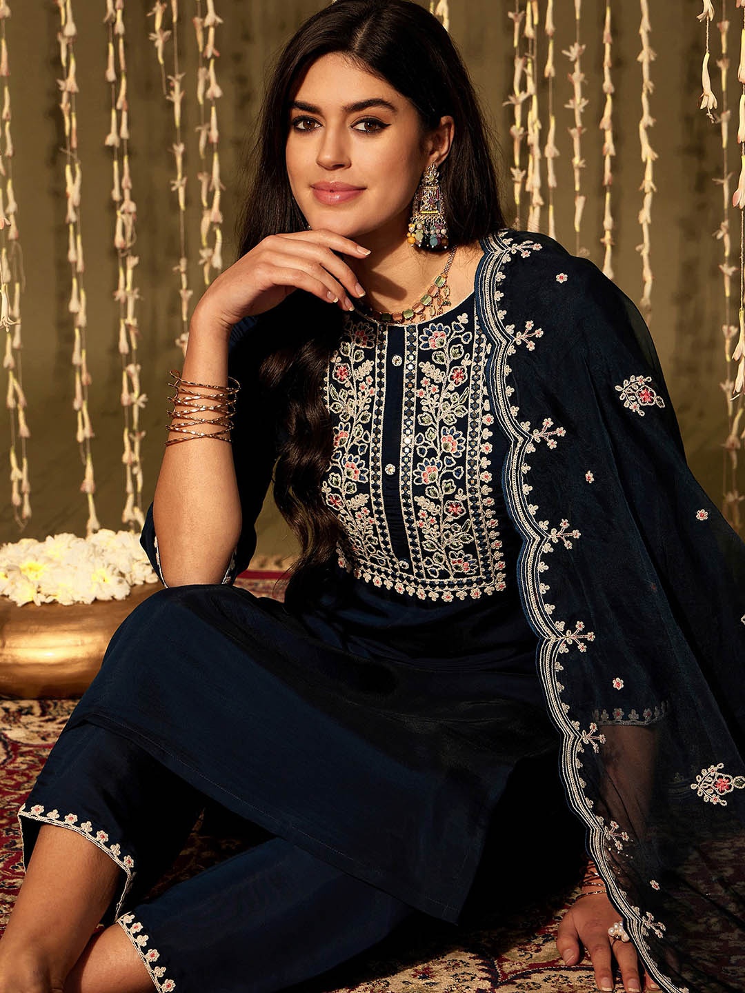 

Indo Era Floral Yoke Design Regular Thread Work Kurta With Trousers & Dupatta, Teal