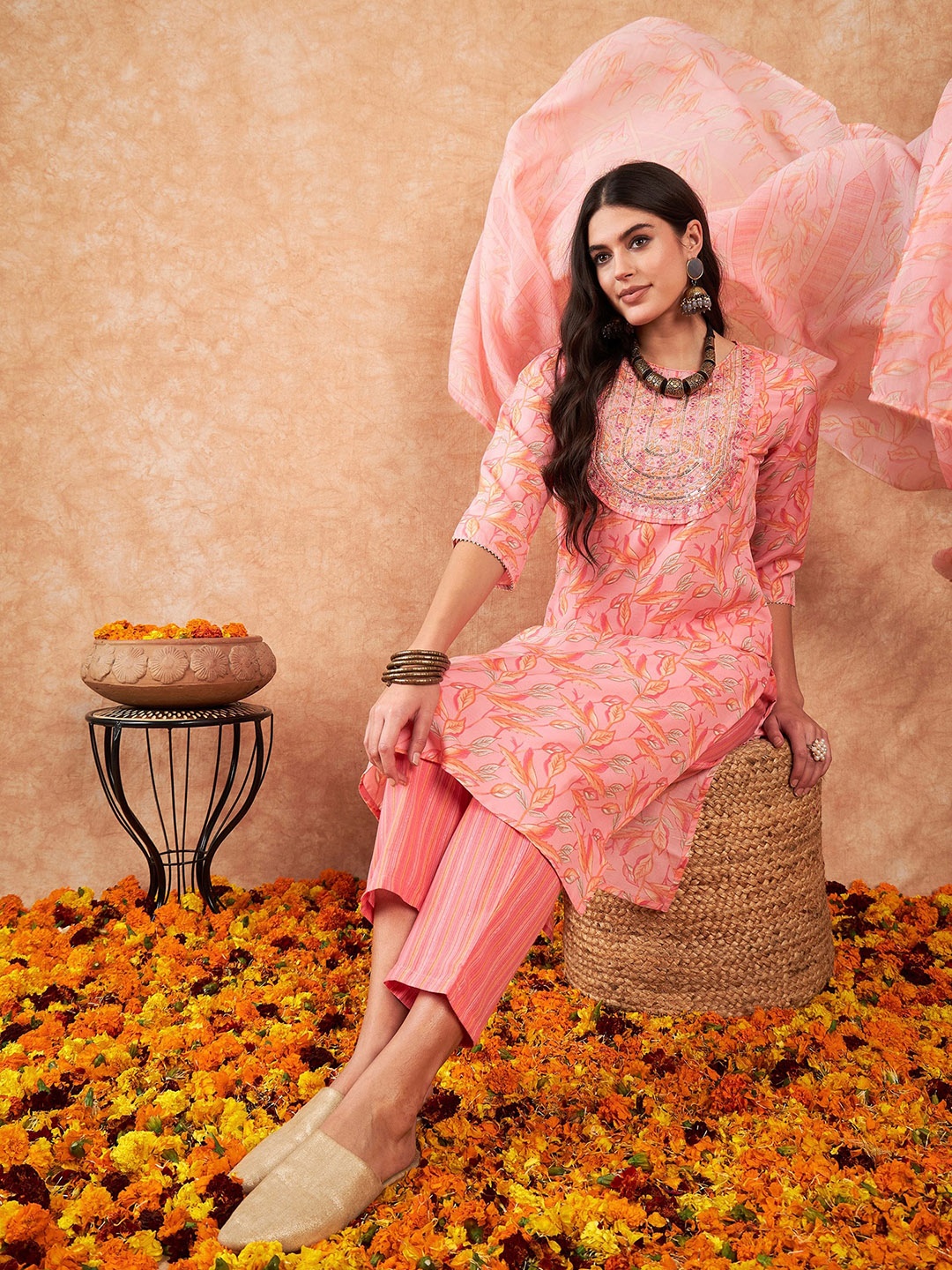 

Indo Era Floral Embroidered Sequinned Pure Cotton Kurta With Palazzos & Dupatta, Pink