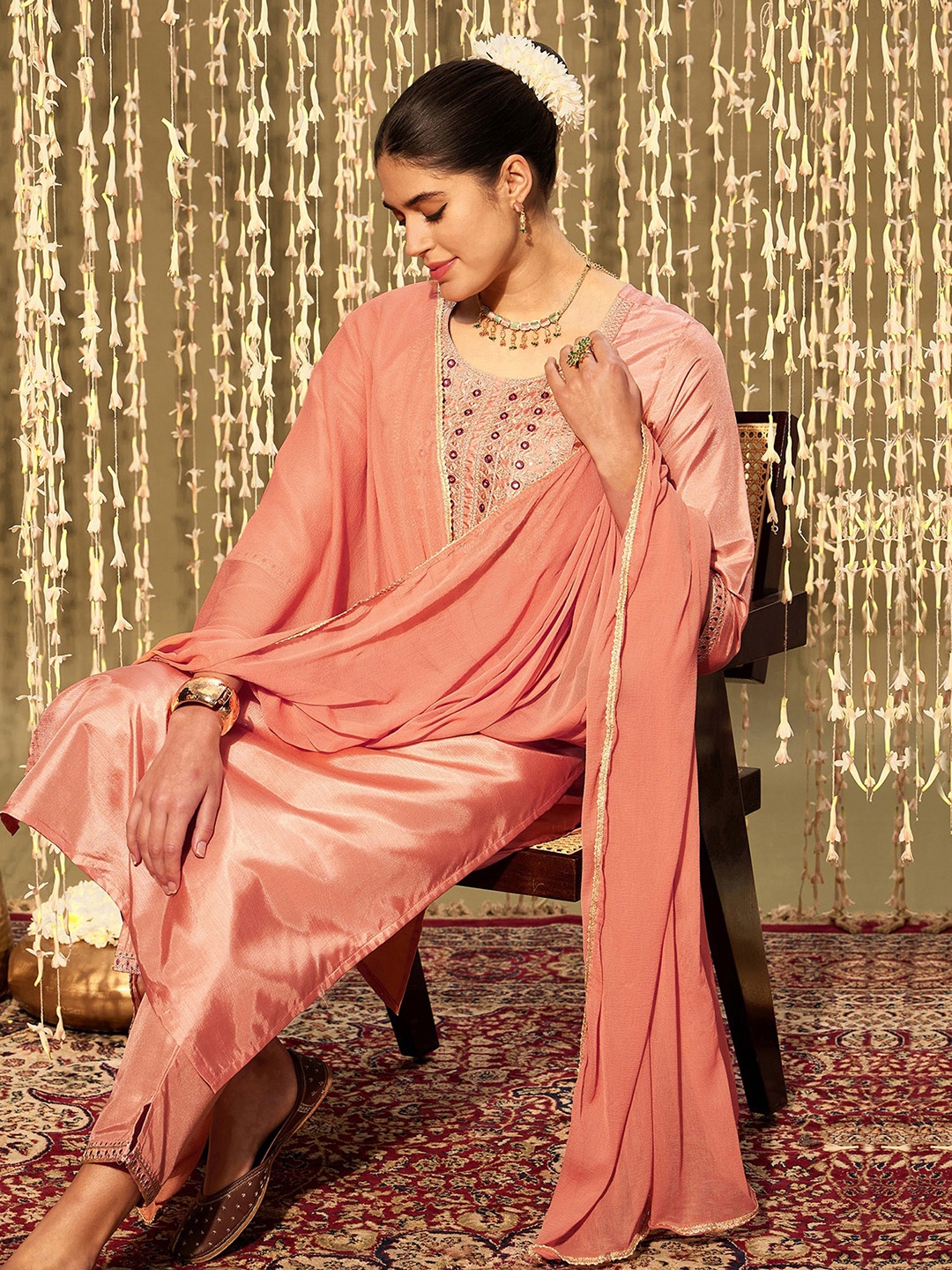 

Indo Era Yoke Design Regular Mirror Work Kurta With Trousers & Dupatta, Peach