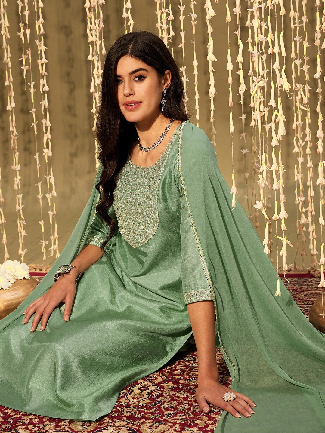 

Indo Era Embroidered Regular Sequinned Kurta With Trousers & Dupatta, Green