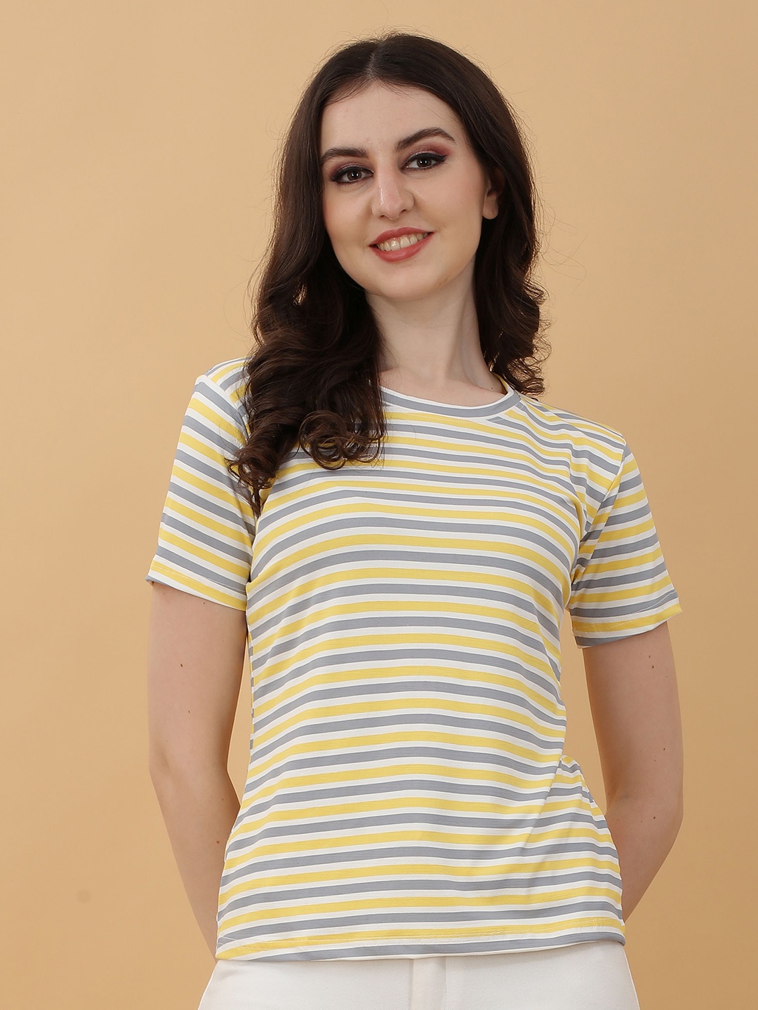 

BAESD Horizontal Striped Round Neck Cotton Top, Yellow