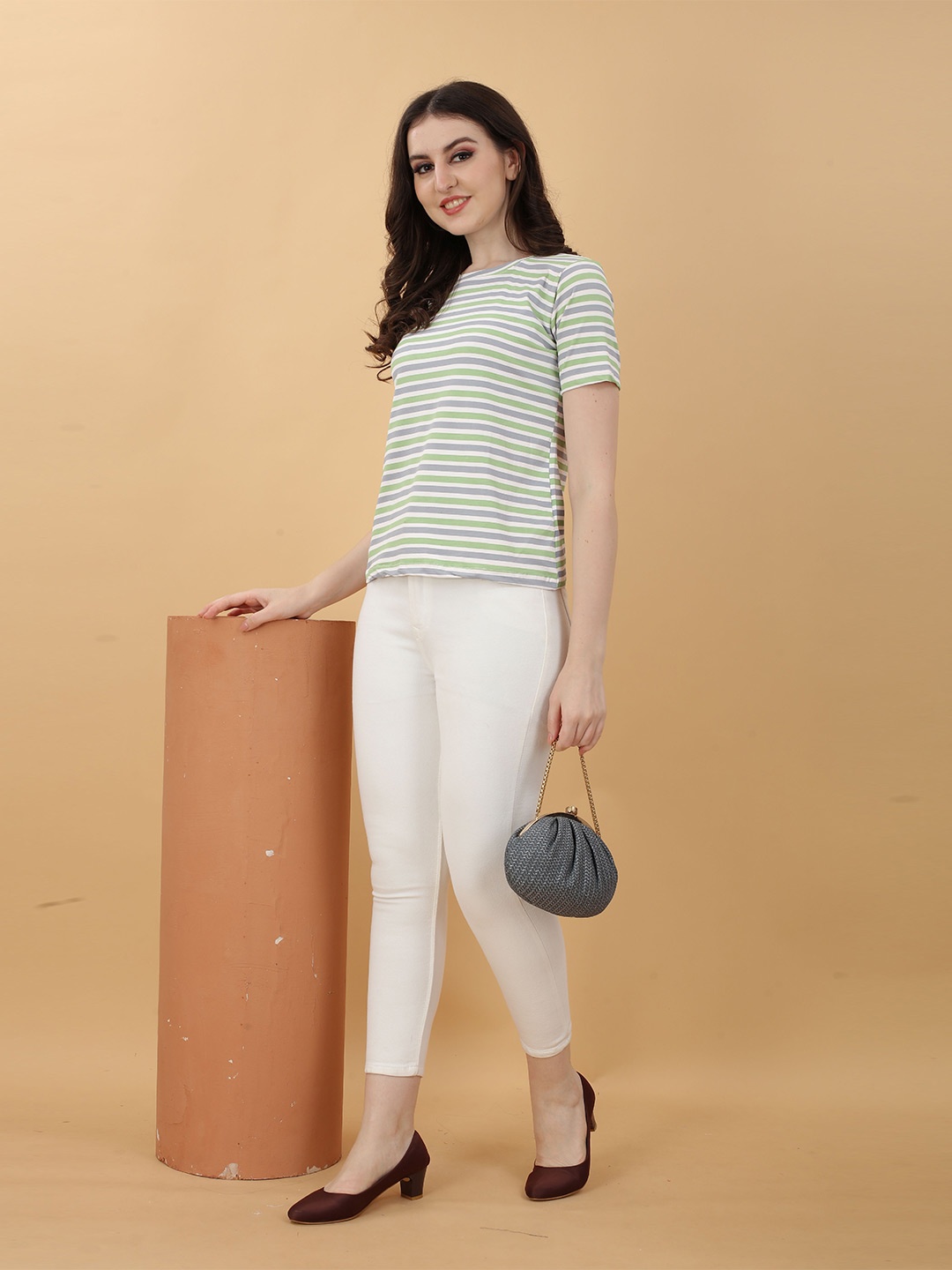 

BAESD Striped Round Neck Cotton Top, Green